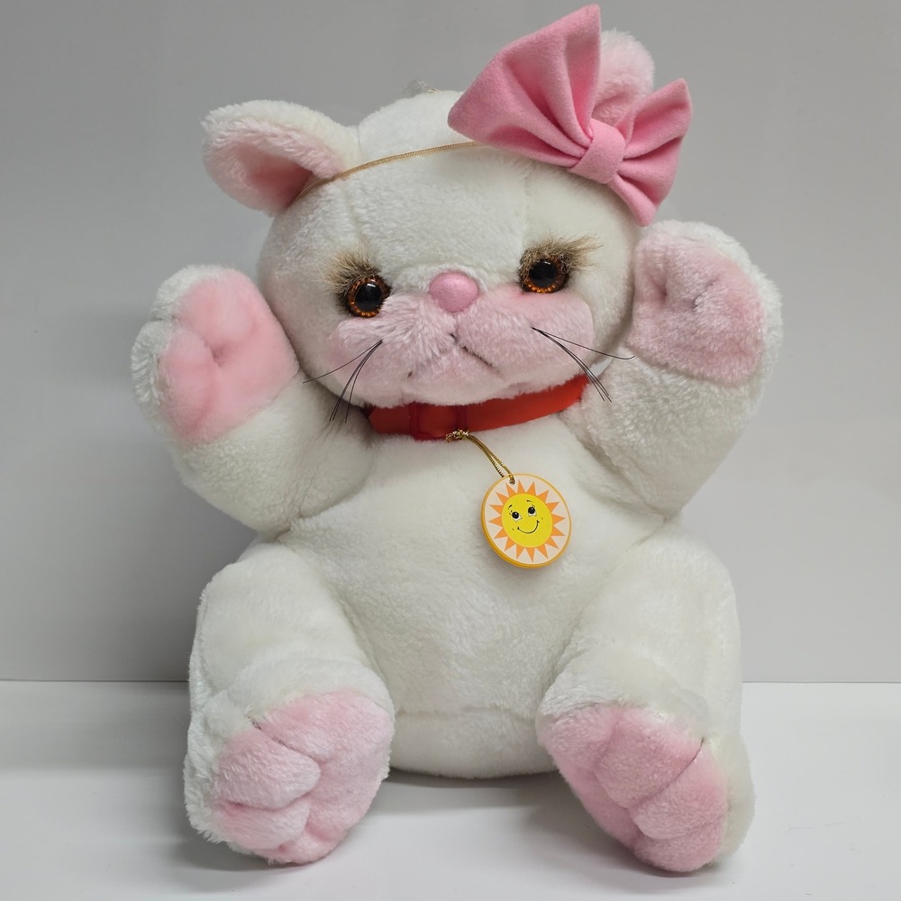 Commonwealth Sunburst Pets Cat Plush 1983 White Pink Bow Vintage 80s Kitsch Toy